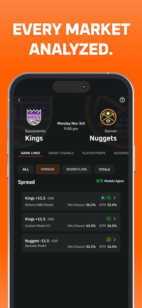Rithmm: AI Sports Betting - This view presents in-depth market analysis, allowing users to filter by 'Spread', 'Moneyline', or 'Totals' and compare insights from multiple 'Rithmm Models'.