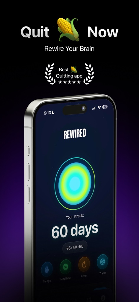 Rewired: Defeat Lust Now - The app visually presents user progress with a prominent streak counter and intuitive bottom navigation for key actions.