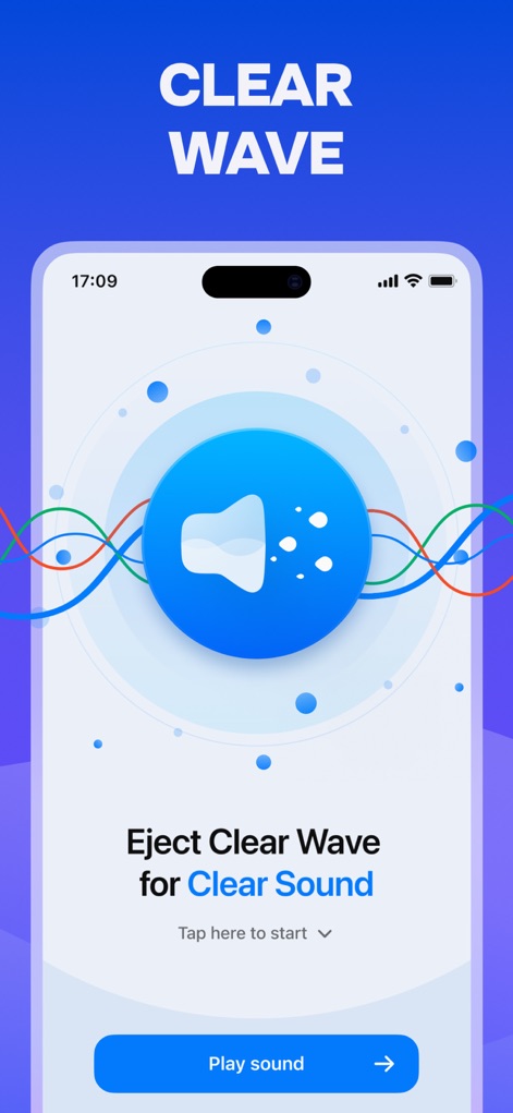 Water Eject ‒ Speaker Cleaner - Experience the primary function of this tool with the animated speaker icon showing water droplets and the clear 'Play sound' button to initiate the cleaning process.