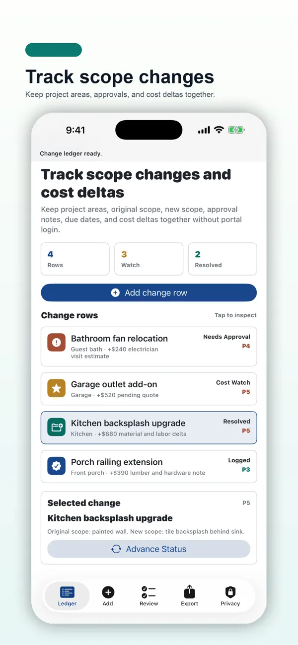 Screenshot #1 pour Scope Change Cost Ledger