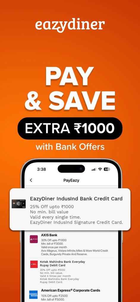 EazyDiner : Eat Out & Save - A tela promove a funcionalidade 'PayEazy', que permite aos usuários economizar até '₹1000 extras' através de ofertas bancárias, evidenciado por uma lista de descontos de diferentes bancos como Axis Bank e Kotak Mahindra Bank.