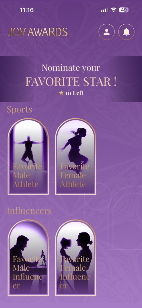 Joy Awards - This screen expands nomination opportunities to include 'Favorite Male Athlete' and 'Favorite Female Influencer', reflecting the broad spectrum of talent users can support.