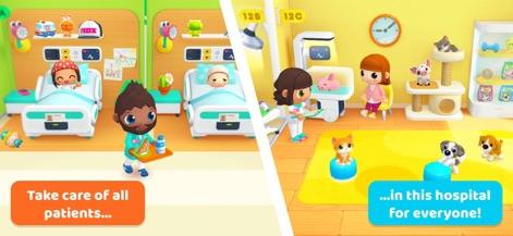 Central Hospital Stories - The app showcases diverse patient care scenarios, from tending to human patients in comfortable hospital beds to providing veterinary care in the pet clinic.