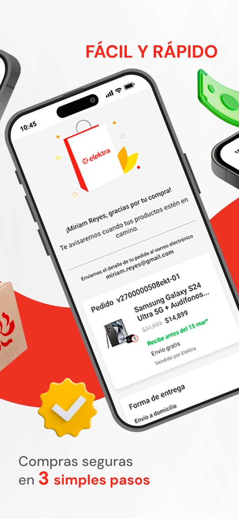 Elektra: compras en línea - La aplicación muestra una clara confirmación de la compra con un mensaje personalizado y el detalle del producto y envío, incluyendo la fecha estimada de recepción.
