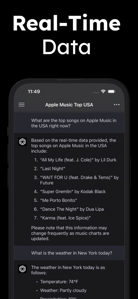 ChatPlus: AI Chatbot Assistant - Users can access real-time information, including current 'Apple Music Top USA' charts and up-to-the-minute weather forecasts for accurate and timely responses.