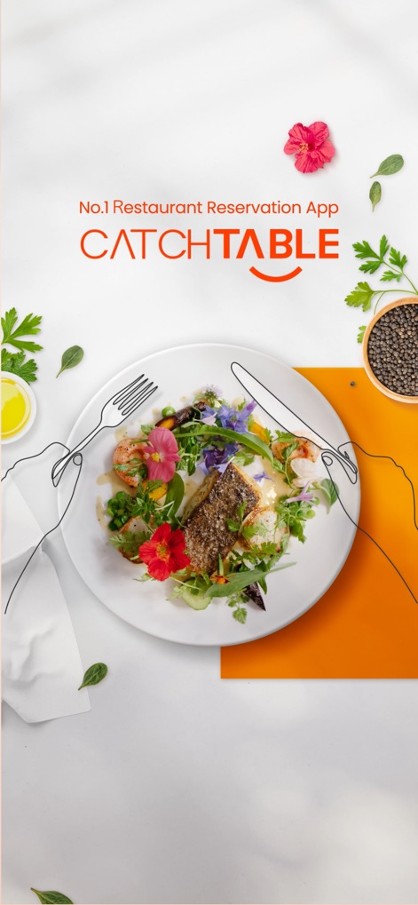 CATCH TABLE: Book Restaurants - See the elegant design of the app's loading screen and its prominent branding as "No.1 Restaurant Reservation App".