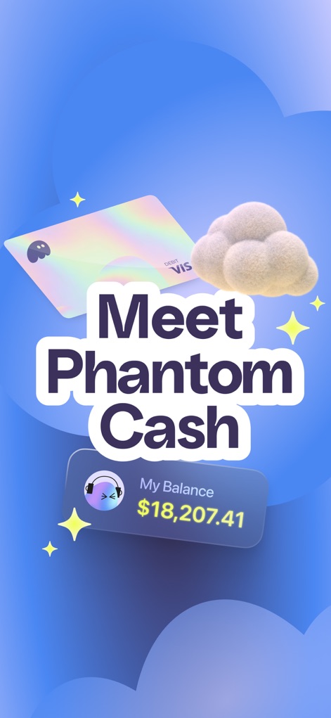 Phantom - Trade Markets - Esta tela destaca o lançamento do 'Phantom Cash' com um cartão 'Debit Visa' holográfico, e exibe o saldo 'My Balance' disponível de mais de $18.000.