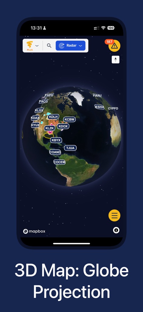 WeatherWise.app - Navigate weather systems globally with the interactive 3D globe projection, featuring real-time worldwide radar station markers.