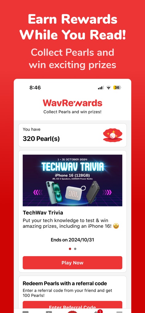 Newswav - Latest Malaysia News - Users are motivated to engage through the "WavRewards" system, which tracks "Pearl(s)" accumulation and offers exciting prize-winning opportunities like "TechWav Trivia."