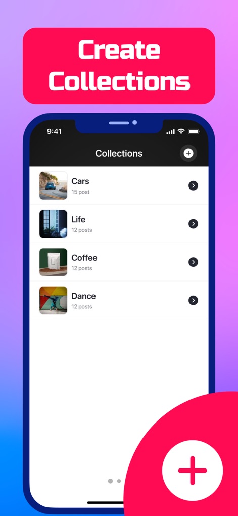 SaveTk - Save Videos - Users can efficiently categorize their content into various 'Collections' such as 'Cars' or 'Dance', with a prominent '+' icon for creating new categories.