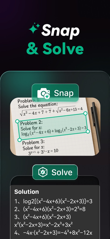 Chat AI 5: AI Agent & Video - Los usuarios pueden capturar y resolver problemas complejos instantáneamente, como se evidencia con la función "Snap" para tomar una foto de ecuaciones matemáticas y la subsiguiente presentación de la "Solution".