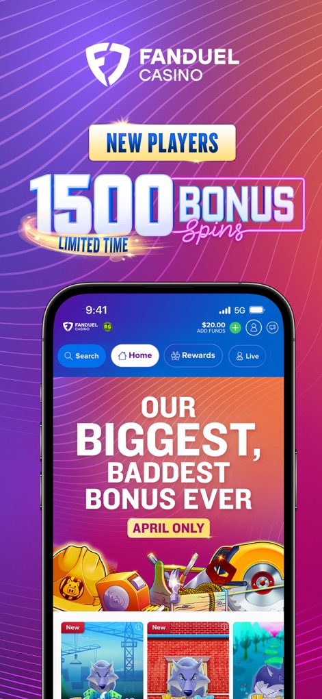 FanDuel Casino - Real Money - See how the app showcases a "Limited Time" offer for "1500 Bonus Spins" and promotes its "Biggest, Baddest Bonus Ever" for new players.