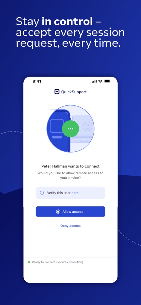 TeamViewer QuickSupport - La aplicación garantiza el control del usuario con la opción explícita de 'Permitir acceso' y la posibilidad de 'Verificar este usuario' antes de aceptar cualquier conexión.