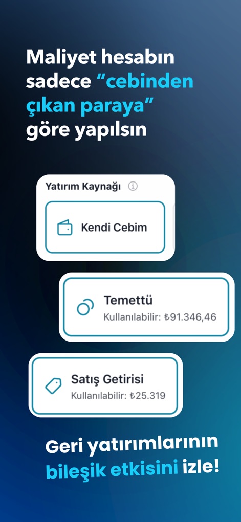 Temettü: Hisse Portföy Takvim - La aplicación permite un cálculo preciso del costo de inversión, diferenciando el capital inicial de "Kendi Cebim" (mi propio bolsillo) y el capital generado por "Temettü" (dividendos reinvertidos).