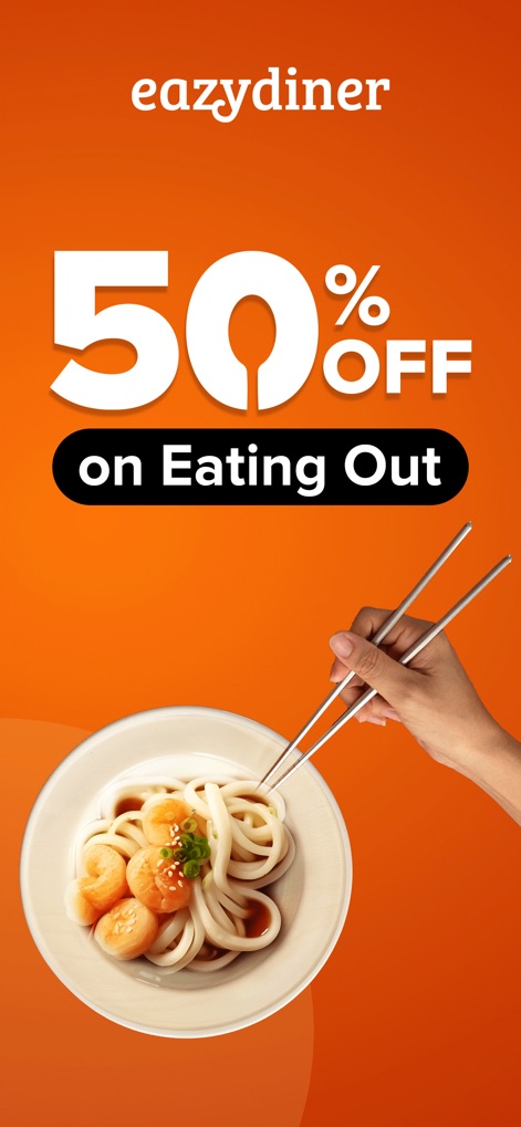 EazyDiner : Eat Out & Save - A tela destaca um generoso '50% OFF' em refeições fora, enquanto uma imagem atraente mostra um prato de macarrão com camarões, ilustrando as ofertas gastronômicas disponíveis.