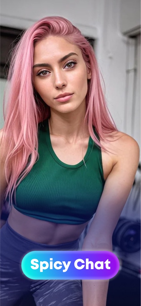 AI Girlfriend Sexy - Spicy GF - L'app invita gli utenti a connettersi con personaggi AI, come evidenziato dalla figura femminile attraente con capelli rosa e il pulsante invitante "Spicy Chat".