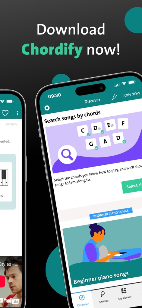 Chordify: Songs, Chords, Tuner - Discover new songs using a unique chord-based search feature and explore curated collections like beginner piano songs to expand musical repertoire.