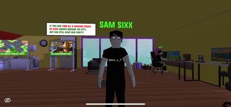 Dude Theft Wars FPS Open World - Engage with unique characters like "Sam Sixx" and discover interactive quests, such as finding cake pieces, within the vibrant indoor settings.