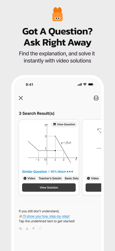 QANDA: AI Math & Study Helper - This tool streamlines problem-solving by presenting clear search results for complex equations like y=f(x) and offering immediate "View Solution" options for detailed explanations.