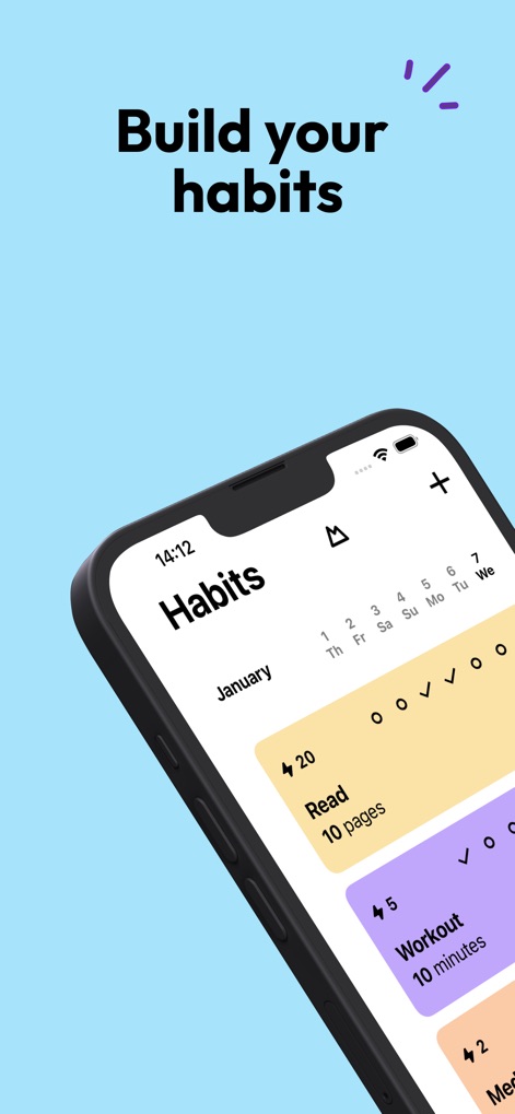Onrise: Habit Tracker & Focus - Esta vista detallada muestra la sección de hábitos, donde los usuarios pueden visualizar un calendario semanal en la parte superior y una lista de hábitos con su progreso diario marcado con círculos y verificaciones.