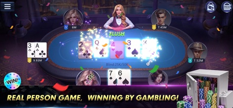 Texas Poker:Texas Holdem Game - O aplicativo celebra um "FLUSH" com uma explosão de fogos de artifício e exibe avatares de jogadores na mesa, com fichas caindo em uma caixa forte.