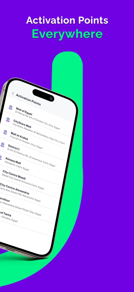Souhoola - سهولة - This screen clearly lists numerous "Activation Points" for users, indicating locations such as "Mall of Egypt" and "CityStars Mall" across various cities.