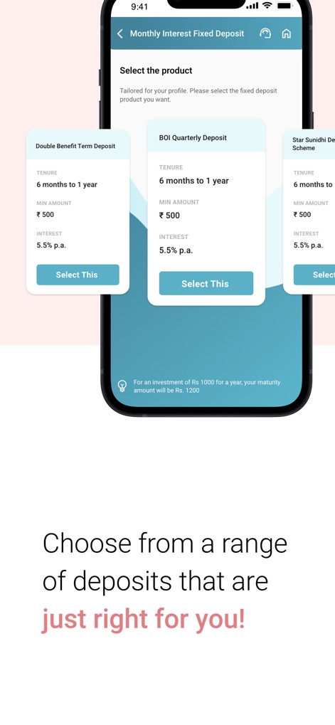 BOI Mobile - The app provides diverse deposit options, detailing products such as the 'Double Benefit Term Deposit' and 'BOI Quarterly Deposit' with their respective tenures and interest rates.