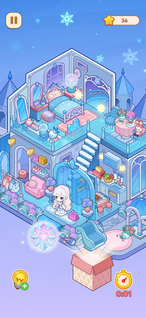 My Perfect Home: Design Game - 幻想的な氷の城をテーマにした空間を、煌めく氷の装飾やファンタジー感あふれる城のような内装で創造し、夢のような冬の世界を体験できます。