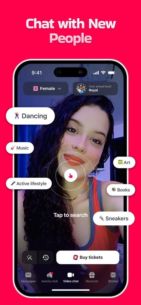 Aveola: 1-on-1 Live Video Chat - Questa schermata illustra come l'app facilita la ricerca di persone con interessi comuni, mostrando le varie bolle di interesse (X) e il pulsante 'Tap to search' (Y) per avviare nuove conversazioni.