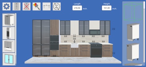 Kitchen Editor 3D: Design App - This tool offers an extensive library of standard modules, including tall pantry units and various wall cabinets, to simplify kitchen construction.
