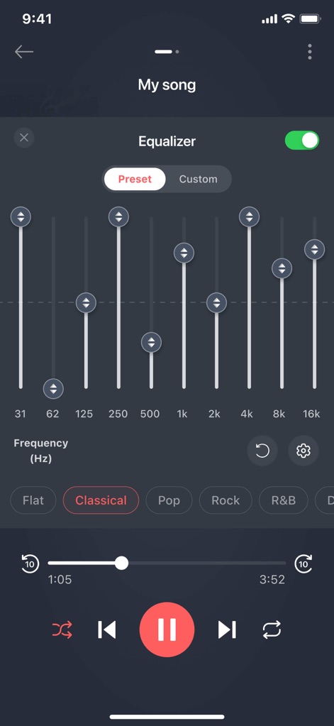Mp3 Cutter - M4a, Music Cutter - Users can instantly modify their audio with pre-defined genre-based equalizer presets and effortlessly toggle between 'Preset' and 'Custom' modes.