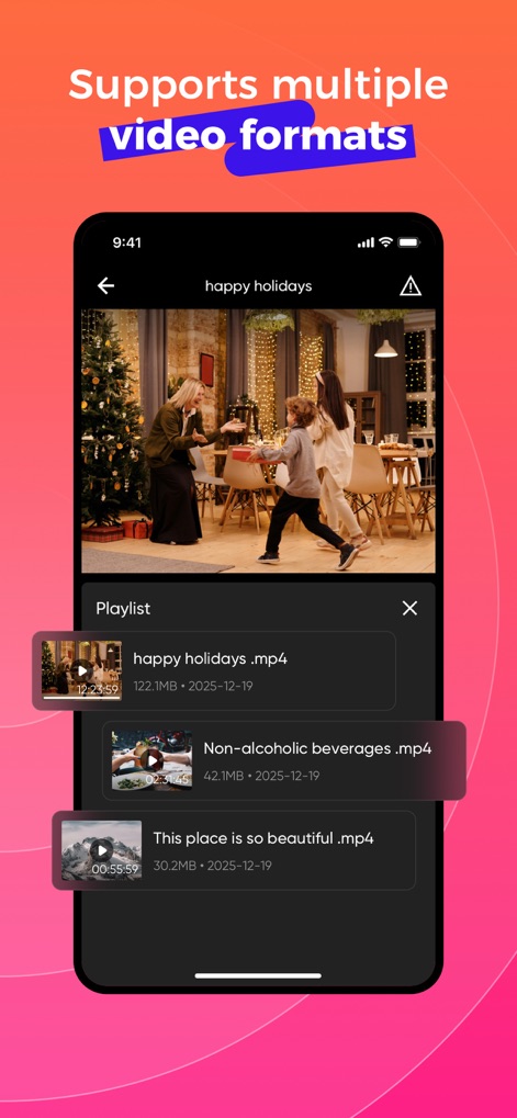 MoodPlayer - Media Player - The app provides comprehensive support for multiple video formats and allows users to easily manage their media through an organized playlist feature, displaying file names and sizes.