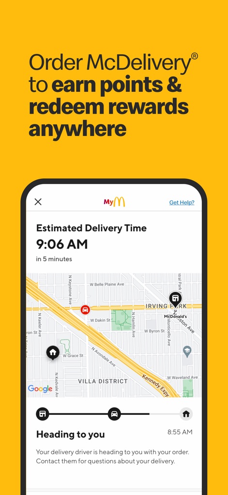 McDonald's - The app provides a clear 'Estimated Delivery Time' and visual updates on the driver's progress, ensuring users stay informed about their McDelivery order.