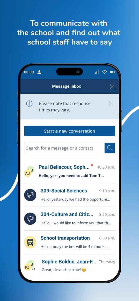 Clic école - Users can effortlessly manage school communications through the dedicated 'Message inbox', featuring a clear list of conversations and a prominent 'Start a new conversation' option for new outreach.