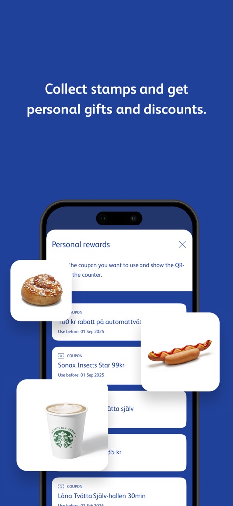 OKQ8 - Discover the 'Personal rewards' screen, where users find exclusive deals and coupons for items such as a 'cinnamon bun' and a 'hot dog'.