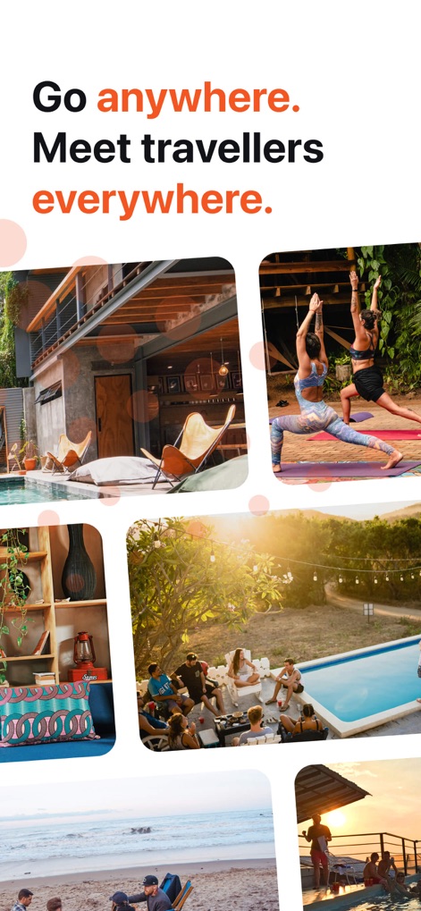 Hostelworld: Hostel Travel App - The app inspires travel with the phrase "Go anywhere. Meet travellers everywhere." and visually reinforces this with a collage of diverse scenes, from hostel common areas to group gatherings by the pool.