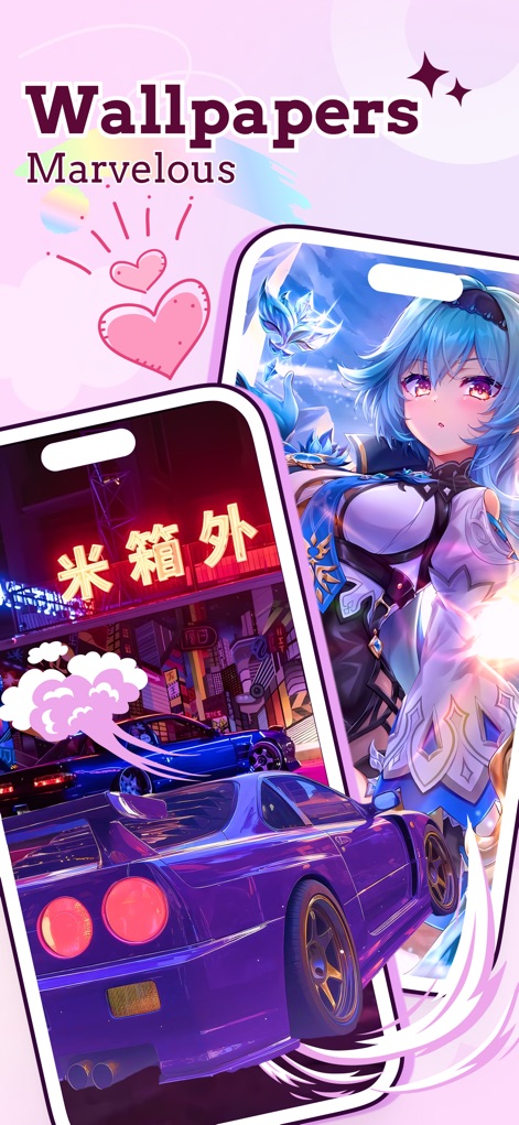 ThemeX: App Icons & My Widgets - O aplicativo oferece uma coleção de papéis de parede de alta qualidade, ilustrada por esta imagem que apresenta um vibrante papel de parede de carro esportivo e um impressionante papel de parede de personagem de anime, transformando a tela do telefone.