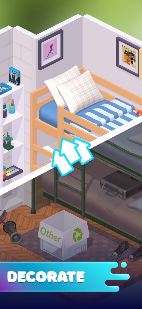 Life Dream: Build Cozy Home - A ferramenta permite grandes transformações, ilustradas pela transição de um quarto bagunçado para um espaço organizado com uma cama arrumada e uma estante decorada.