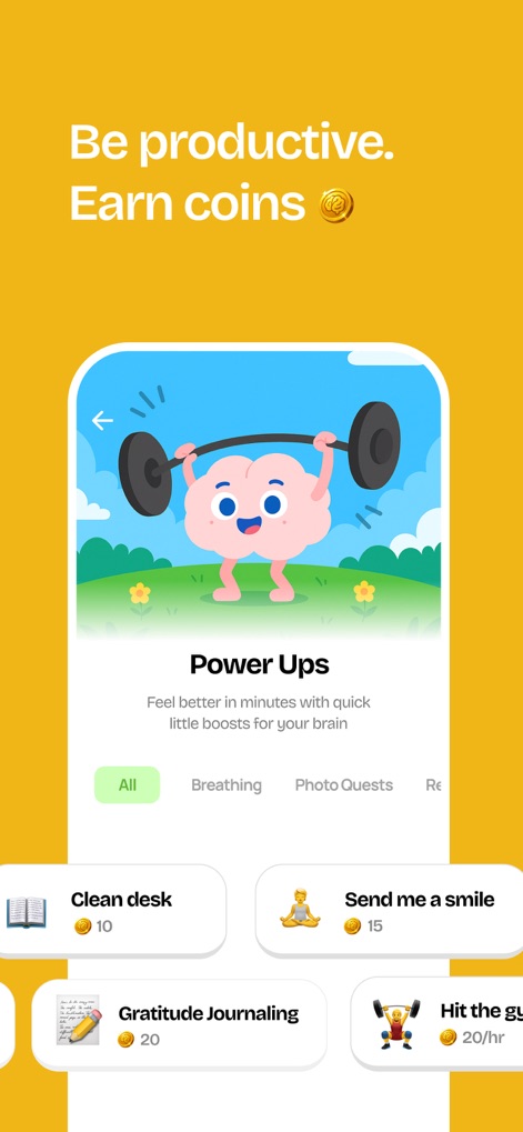 Unrot: Earn your Screen Time - This view showcases the 'Power Ups' feature, where users engage with activities like 'Gratitude Journaling' and 'Hit the gym' to earn valuable brain credits.