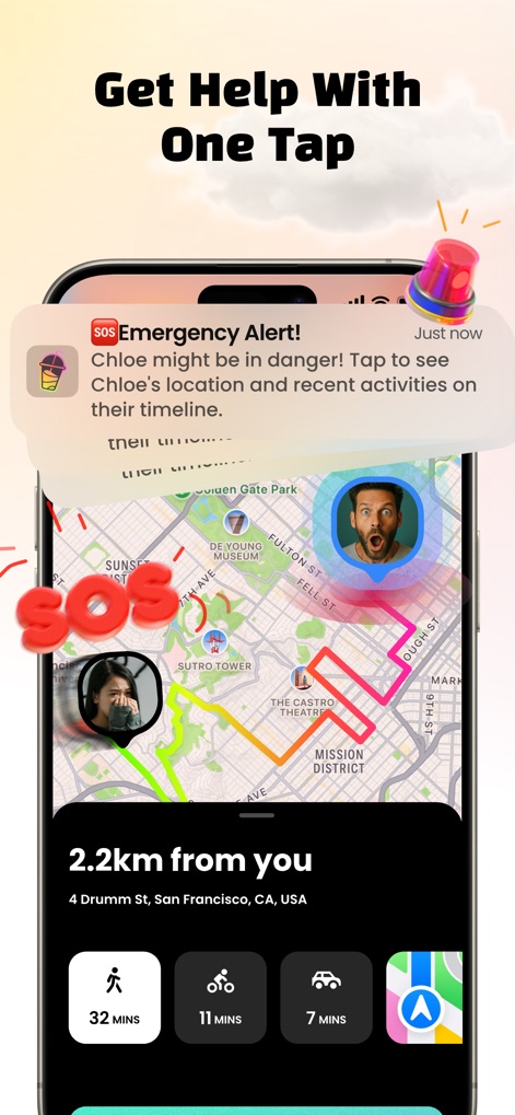 Jagat-Find Family & Friends - A captura exibe um pop-up de "SOS Emergency Alert!" e a distância de um contato em perigo, indicando a funcionalidade de segurança com um alerta visual e opções de deslocamento.