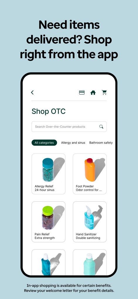Healthy Benefits Plus - Browse and purchase Over-the-Counter products directly within the app, with options to filter by categories like 'Allergy and sinus' and view individual product listings.