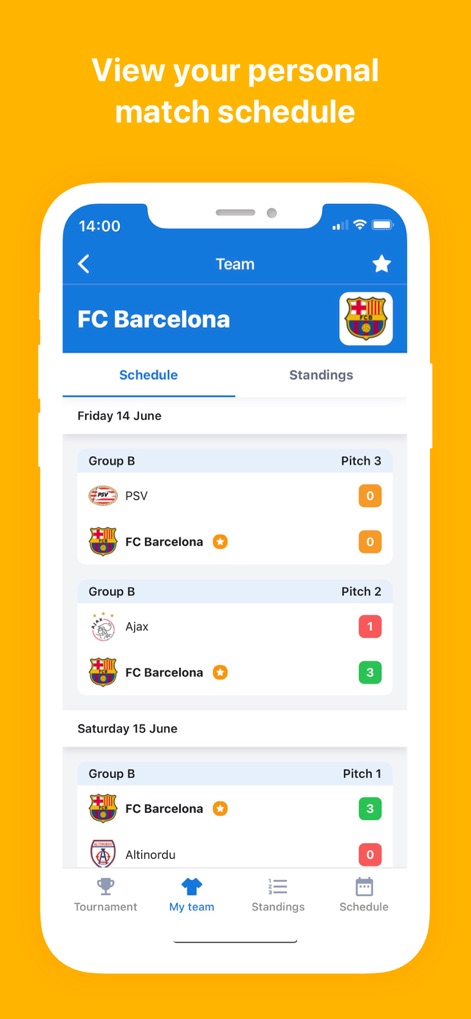 Tournify - The app presents a personalized match schedule for followed teams, detailing individual game results and offering clear "Schedule" and "Standings" tabs.