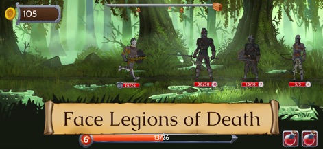 Obsidian Knight: Roguelike RPG - Los jugadores se enfrentarán a hordas de enemigos en variados escenarios, como se aprecia en este combate en un entorno pantanoso con cuatro oponentes con distintos diseños de armadura.