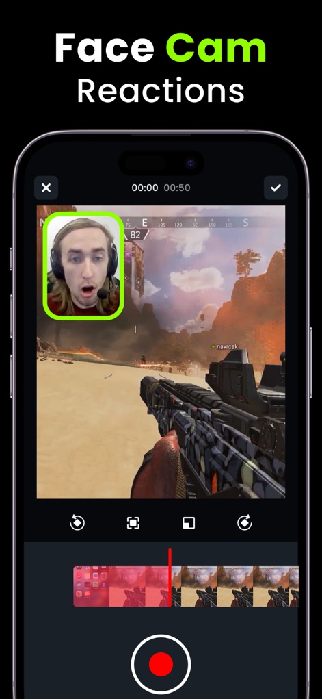 Live Recorder: Record Screen - 사용자는 내장된 FaceCam 기능을 활용하여 게임 화면 위에 자신의 반응을 오버레이할 수 있으며, 하단의 타임라인에서 이 "그림 안에 그림" 레이아웃을 편집할 수 있습니다.