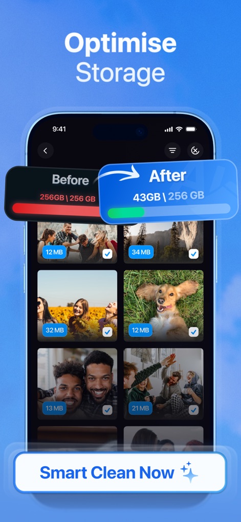 KeepClean AI: Storage Cleaner - Users can visualize immediate storage gains with the clear "Before" and "After" bars, alongside the smart selection of photos for cleaning before tapping "Smart Clean Now".