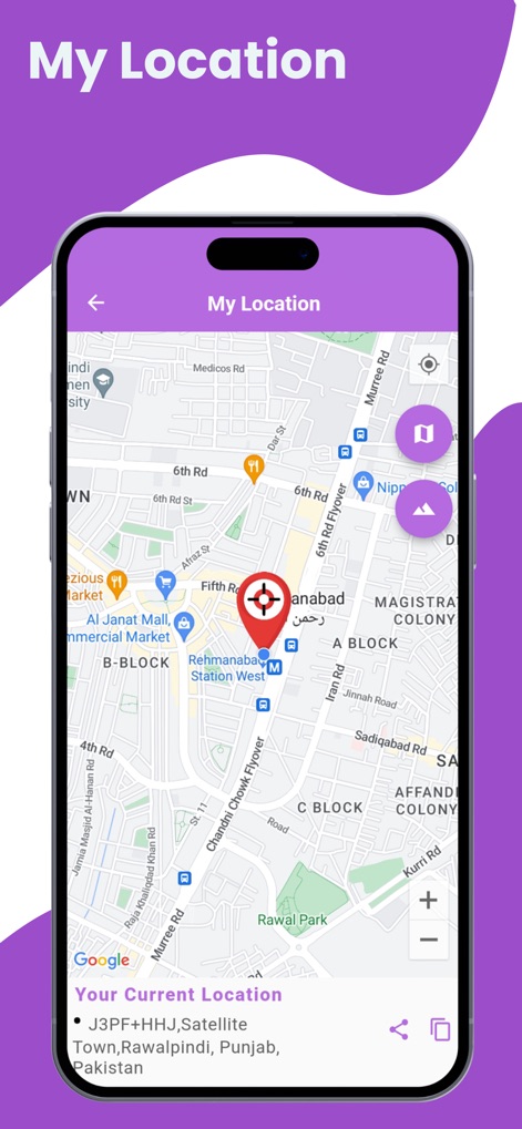 Live Satellite View & GPS Maps - The app precisely identifies the user's current location with a red pin, displaying detailed address information and nearby roads.