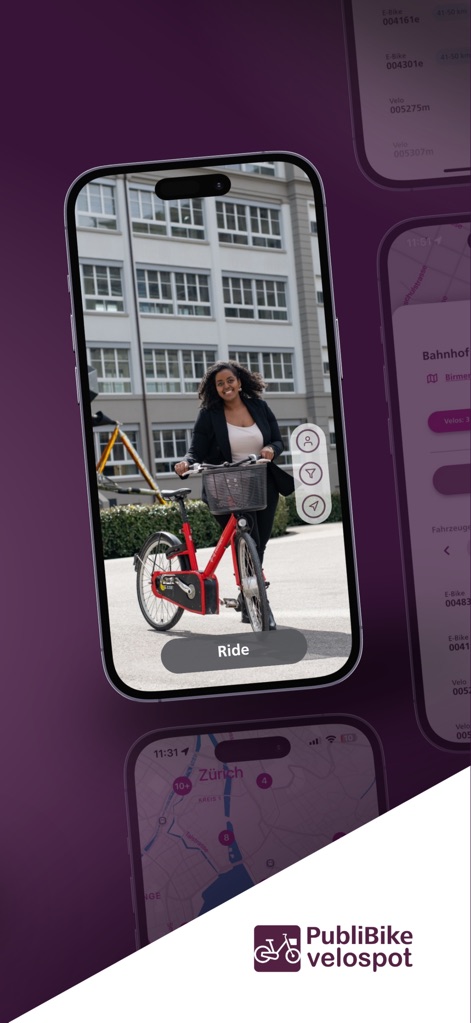 PubliBike Velospot (Zone 1) - This tool showcases detailed "bike information" for both E-bikes and standard Velos, integrated with a straightforward "user-friendly 'Ride' interface" for quick rentals.