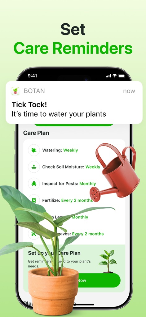 Plant Identifier & Care App - Users benefit from personalized 'Care Reminders' delivered via notifications, detailing specific tasks like 'Watering: Weekly' and 'Check Soil Moisture: Weekly'.