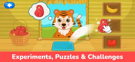 Kids Learning Games: Toddlers - Esta herramienta ofrece desafíos interactivos, como el 'personaje de un tigre asomándose por una ventana' y una 'mano arrastrando un filete de carne para alimentarlo', en el ámbito de 'Experimentos, Puzzles y Desafíos'.