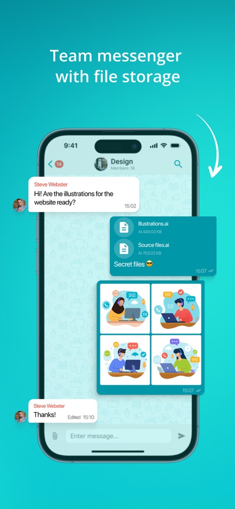 TrueConf: Business Messenger - Dieser Screenshot zeigt die nahtlose Team-Messenger-Funktion für Gruppenchats und die einfache Freigabe von Dokumenten und Bildern innerhalb der Konversation.